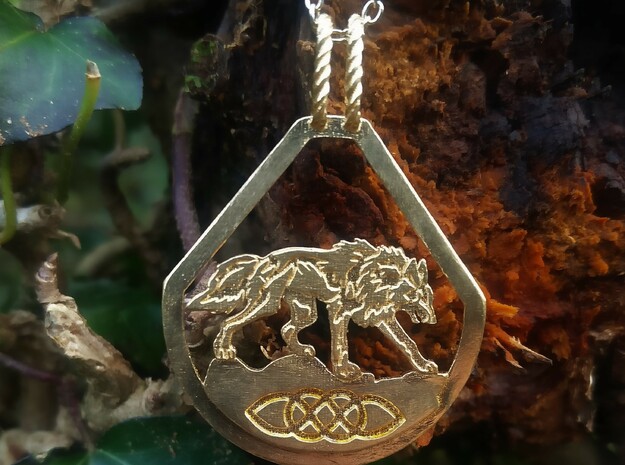 Celtic Zodiac Wolf Pendant  in Natural Brass