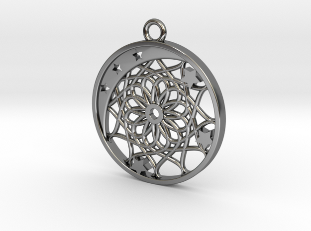 Moon, Stars and Dream Catcher Pendant in Fine Detail Polished Silver