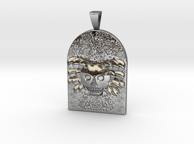 Skull and Angel Wings Tombstone Tag with Bail in Fine Detail Polished Silver