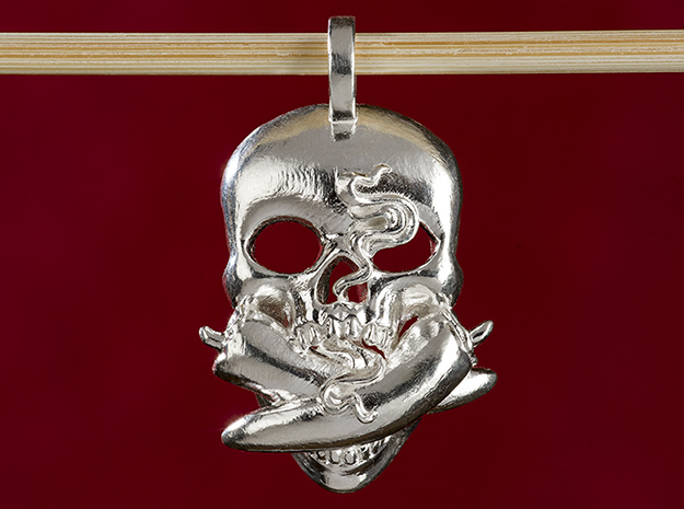 Fire Flame Hot Chili Pepper Skull  in Polished Silver