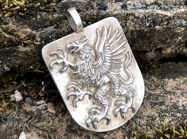 Griffin Gryphon Heraldic Crest Shield Pendant  in Polished Silver