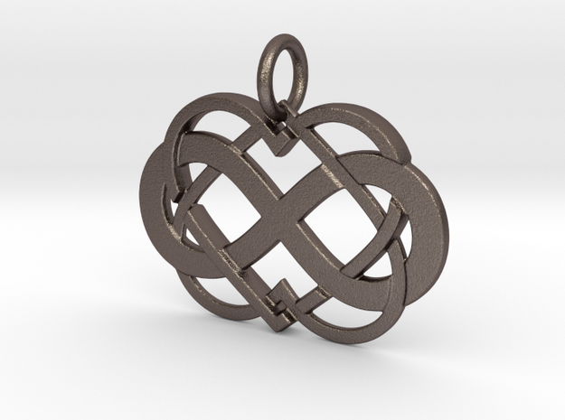 Double Infinity Heart Polyamory Pendant in Polished Bronzed-Silver Steel