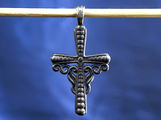 Small Cross Ornamented Jewelry in Polished and Bronzed Black Steel