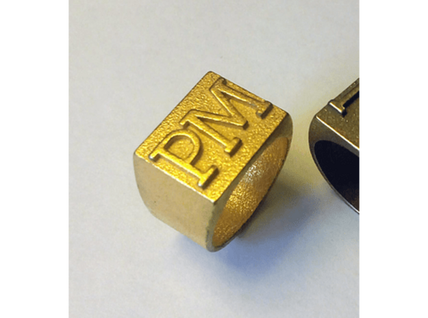 PM letter ring in Polished Gold Steel