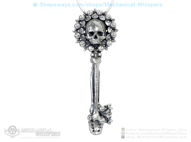 Human Skull Jewelry Pendant Necklace, Key Bone in Polished Nickel Steel