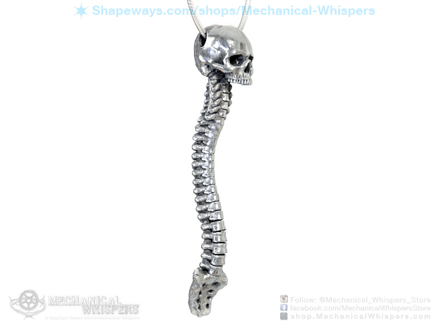 Human Skull Jewelry Pendant Necklace, Vertebrae in Polished Nickel Steel