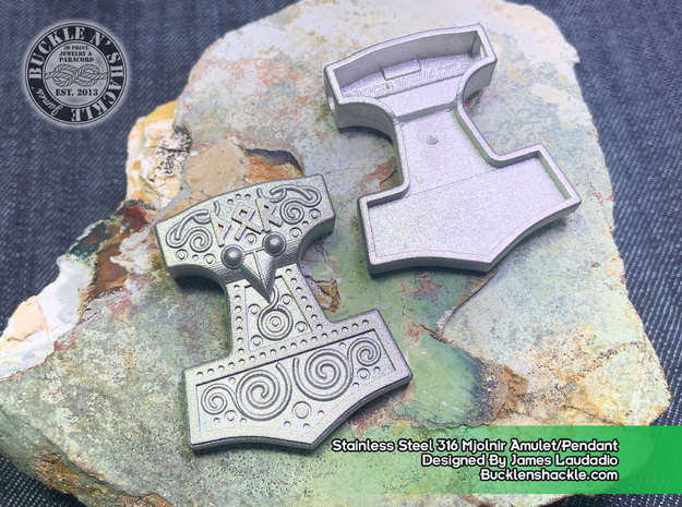ᚦᛟᚱ Thor's Mjölnir Amulet/Pendant 37.7x43.4x9.5mm in Processed Stainless Steel 316L (BJT)