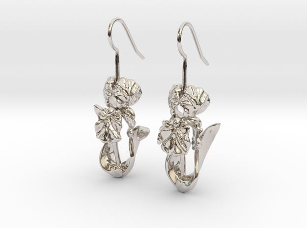 Iris Flower with Leaves Earrings in Rhodium Plated Brass