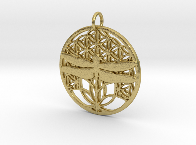 Dragonfly on life flower pendant in Natural Brass