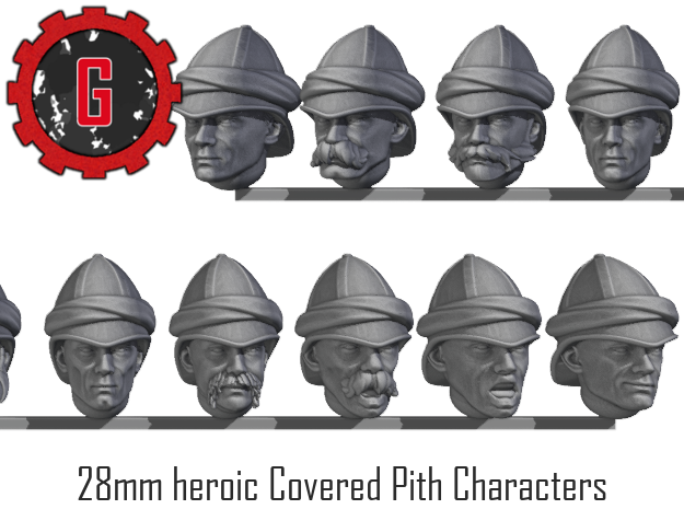 28mm heroic scale Covered Pith character heads in Tan Fine Detail Plastic