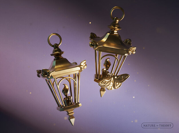 A Candle in the Dark ✦ Lantern Earrings with Moth in Polished Brass