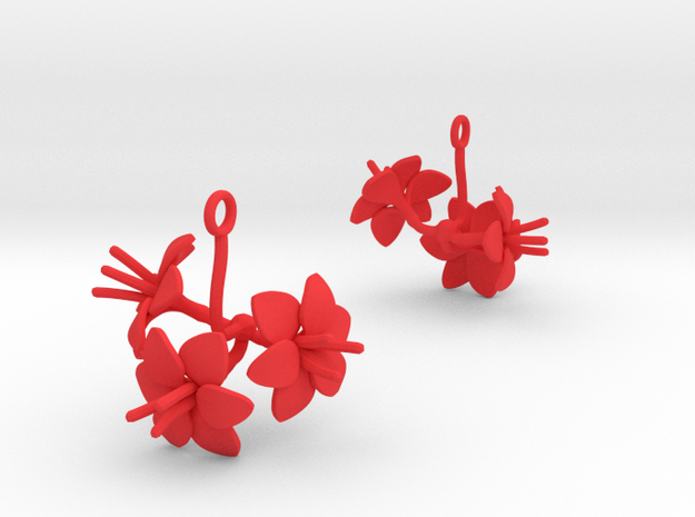 Earrings with three large flowers of the Amaryllis in Red Processed Versatile Plastic