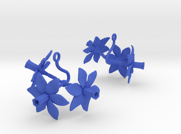Earrings with three large flowers of the Daffodil in Blue Processed Versatile Plastic
