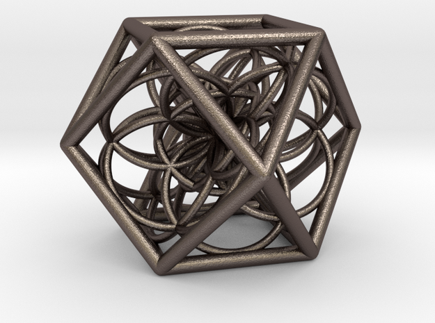 Cuboctahedron With Flower Of Life in Polished Bronzed Silver Steel