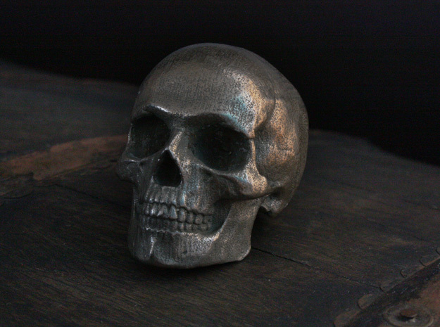 Yorick Full Skull with Latin Inscription in Polished Bronzed Silver Steel