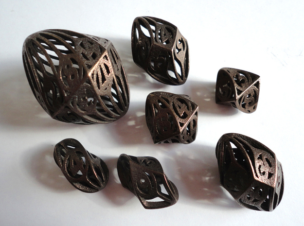 Twisty Spindle Dice Set with Decader in Polished Bronze Steel
