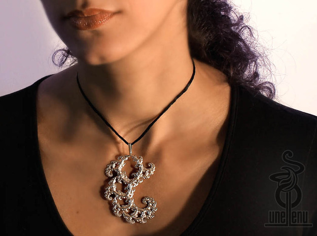 6cm Fractal lace, intricate spirals pendant  in Polished Silver