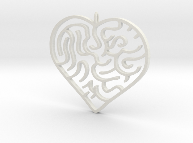 Heart Maze Pendant 3 in White Natural Versatile Plastic