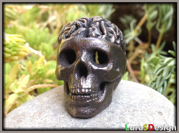 Brain Skull Pendant in Polished Bronzed Silver Steel