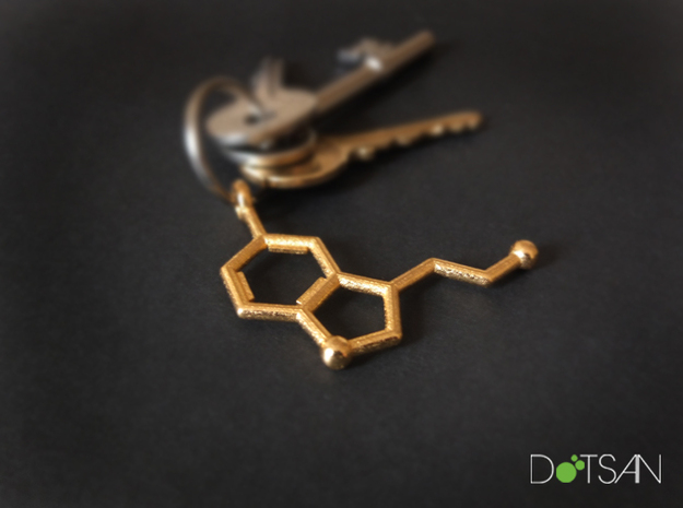 Serotonin 3D printed Steel Key Chain in Polished Gold Steel