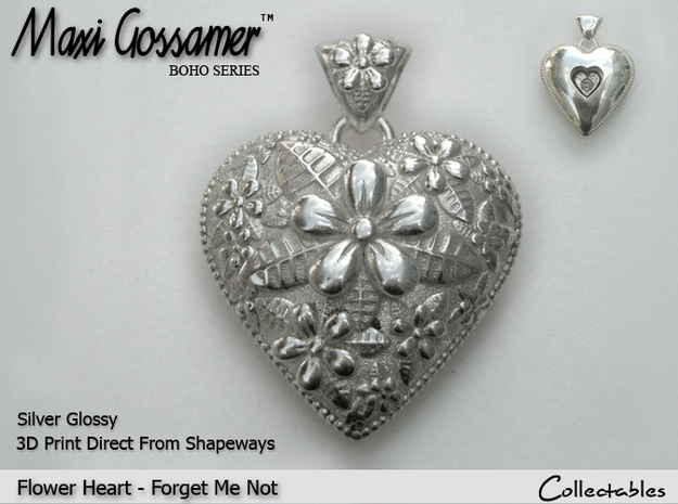 Flower Heart Pendant - Forget-Me-Not in Polished Silver