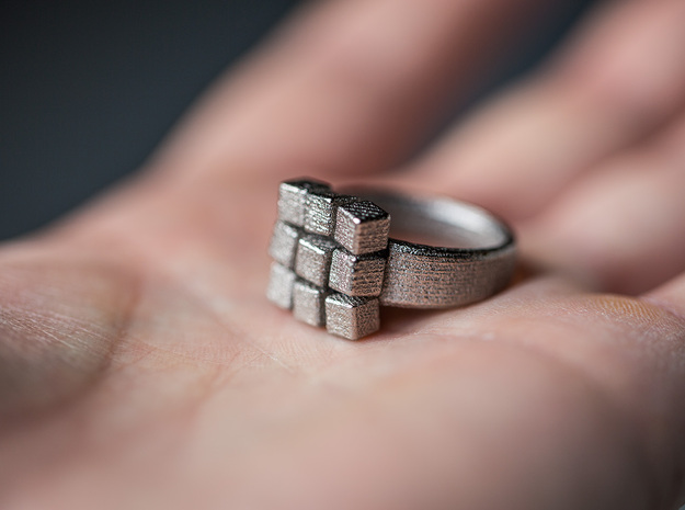 Irregular Cube Ring in Polished Nickel Steel