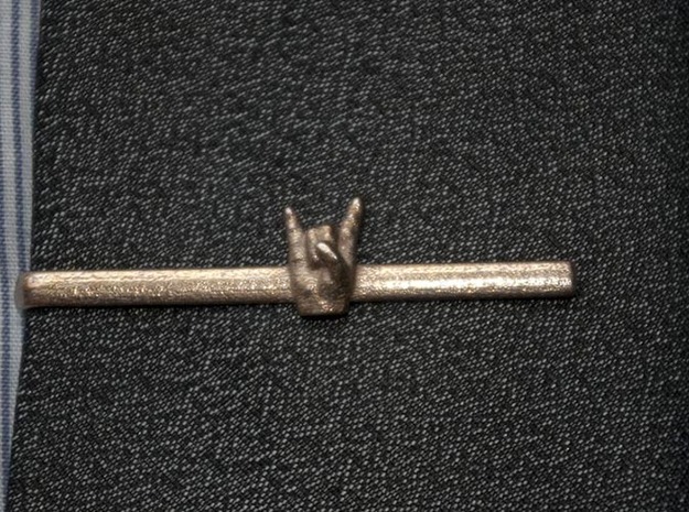 Horns Up Tie Clip in Polished Bronzed Silver Steel