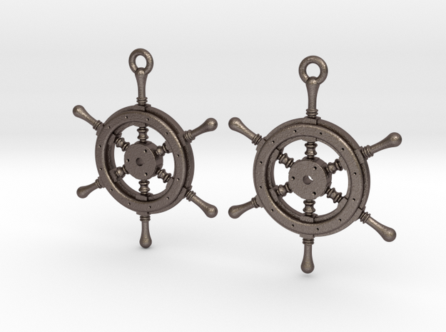 Ship wheel earrings in Polished Bronzed Silver Steel