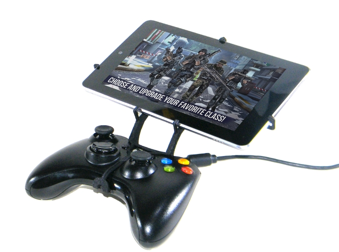 Front View - A Nexus 7 and a black Xbox 360 controller
