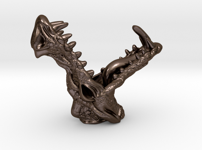 dragon wardrobe hook Rend ered Image of  3D print in polished  bronze steel 