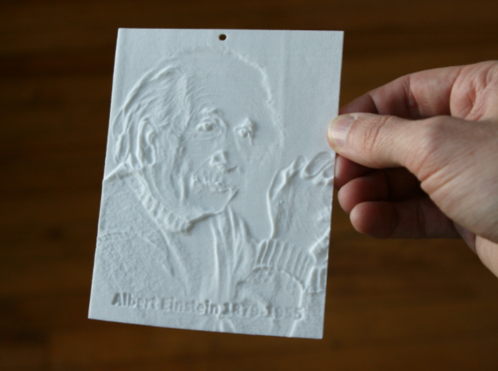 Albert Einstein Shadowgram 3d printed Photo of the print lit from the front, revealing the relief