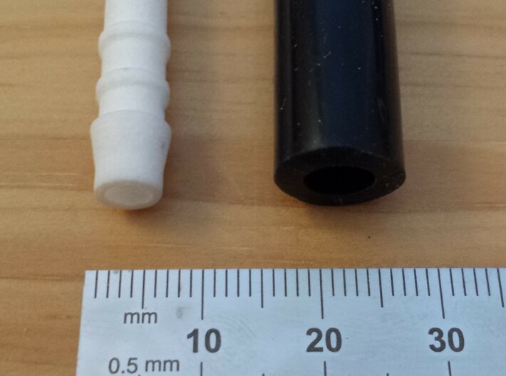 5mm ID air hose connector (straight) 3d printed With ruler for scale