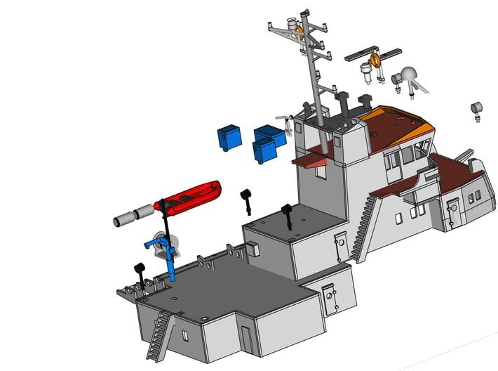 MV Anticosti, Details 2/2  (1:200, RC ship) 3d printed exploded view of parts to be added to superstructure