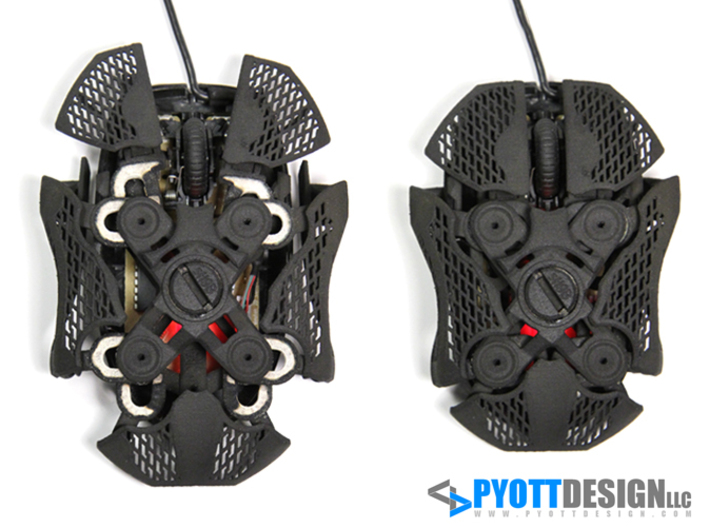Statial Adjustable Mouse 3d printed Assembled with surfaces extended (left) and not adjusted (right)