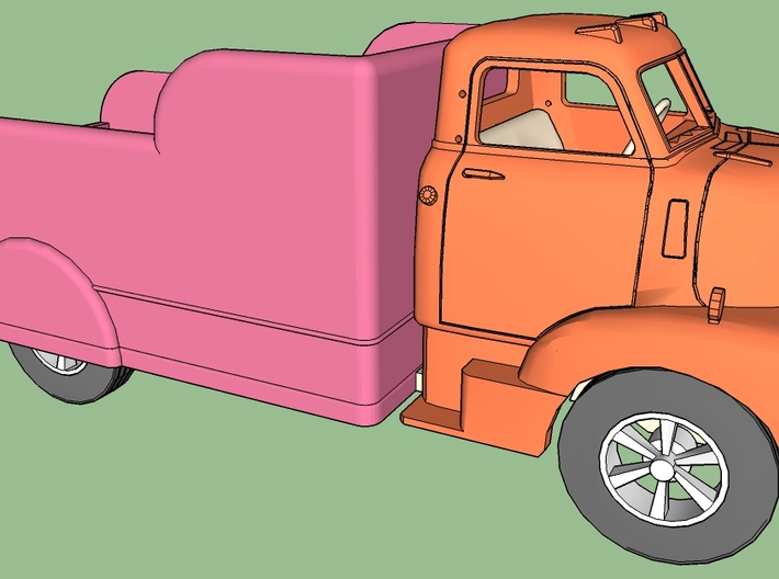 7-Up Truck w/1949 Chevy Cab Over 3d printed Parts are shown in different colors for clarity. 