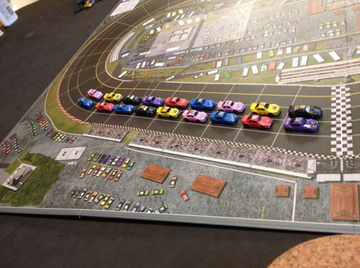 Miniature cars, NASCAR (42 pcs) 3d printed Hand-painted White Strong Flexible. Picture courtesy of DarrellKH on BGG.