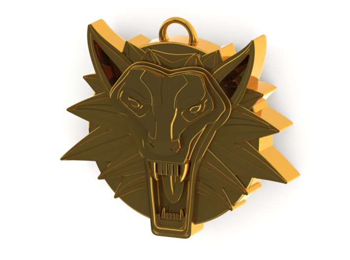 Two Sided Wolf Head Medallion Pendant 3d printed Polished Gold Front