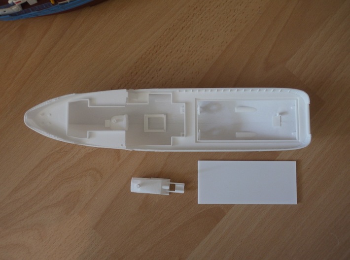 MV Anticosti Hull, Decks and GillJet (RC, 1:200) 3d printed parts of the printed set (top view)
