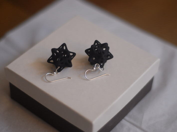 Ball captured in Stellated Dodecahedron Earrings 3d printed