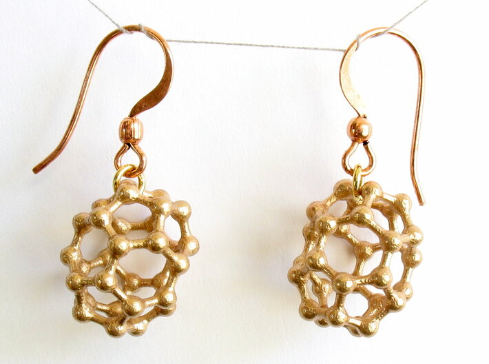 C30 Buckyball earrings 3d printed Raw bronze earrings with copper earwires added