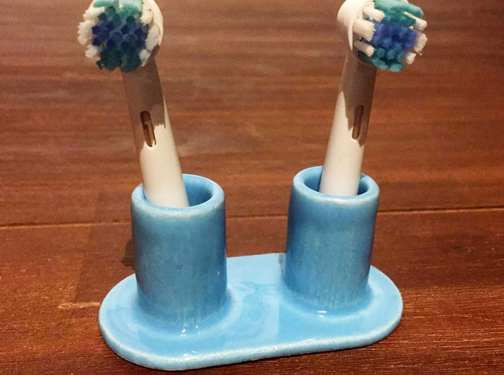 Oral-B electric toothbrush head holder 3d printed Blue porcelain, glossy