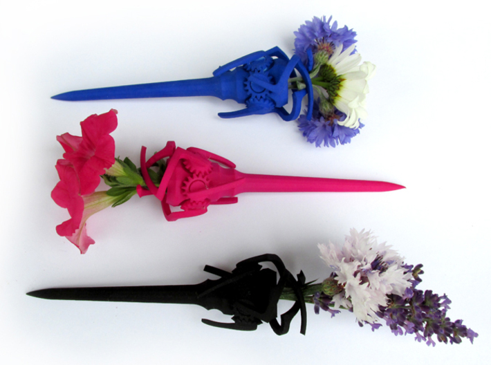 Mechanical Hairpin 3d printed In Royal Blue, Hot Pink, and Black Strong &amp; Flexible