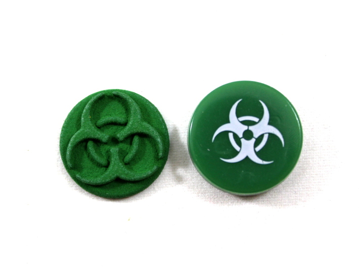 Pandemic Infection Marker -- Legacy Board Sized 3d printed Image of token printed in Green strong & flexible polished next to token from game.