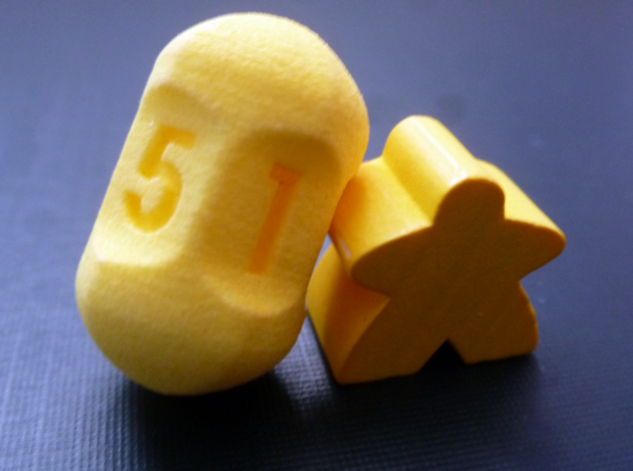 Five sided roller dice 3d printed World's strongest yellow meeple not included.