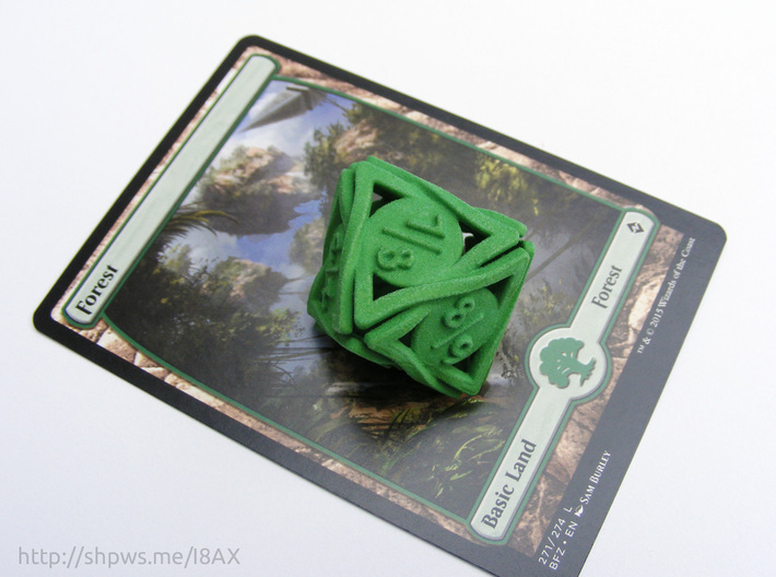 Large 'Twined' Dice D8 Spindown Tarmogoyf P/T Die 3d printed With a Magic card for scale