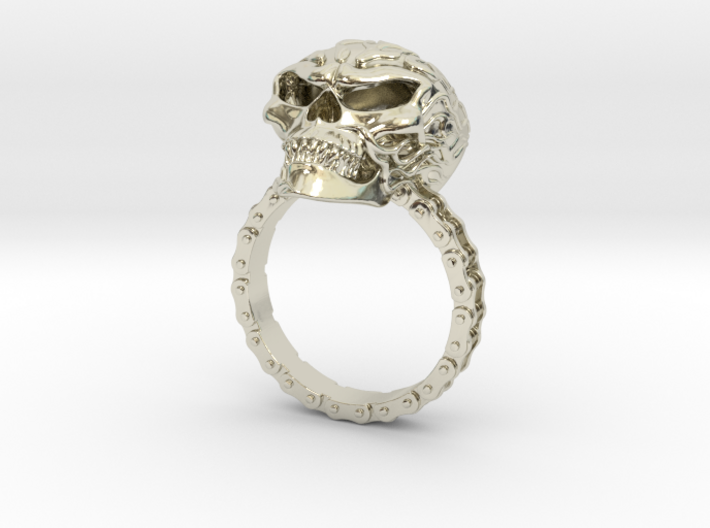 Women's Flaming Skull Ring With Roller Chain 3d printed
