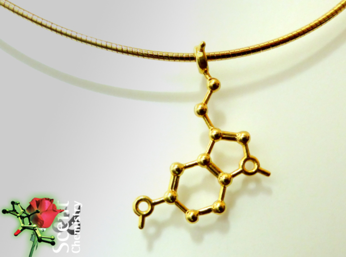 Serotonin 3d printed Detail view of the Serotonin pendant on an 18k gold-plated 2 mm/46 cm Omega-Halsreif.