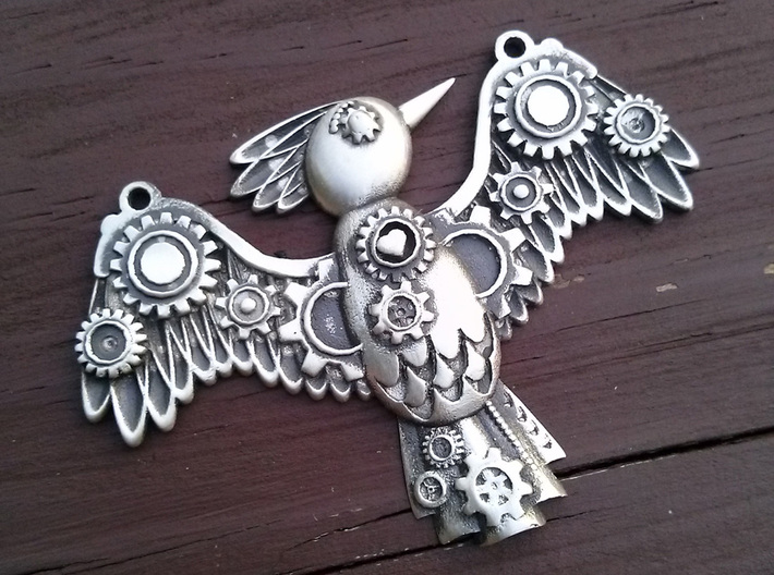 Steampunk Bird Pendant 3d printed Shown in Silver Glossy, Patinated with bleach