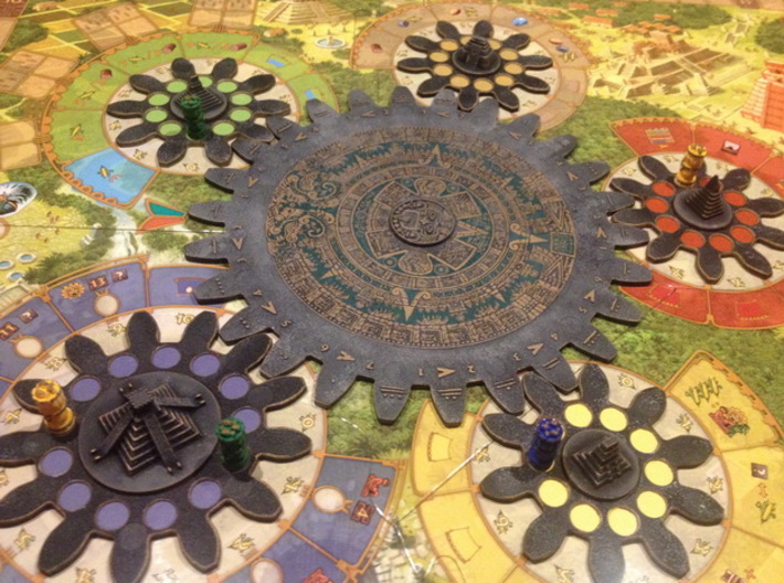 Mayan Pyramids and Calendar center (6 pcs) 3d printed White Strong Flexible, hand-painted. Photo courtesy of user Ted11 (on BGG). Game cogs & board copyright Czech Games / Iello.