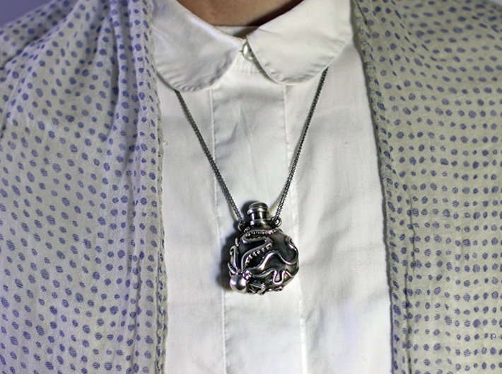Octopus Vial Pendant 3d printed Oxidized Silver